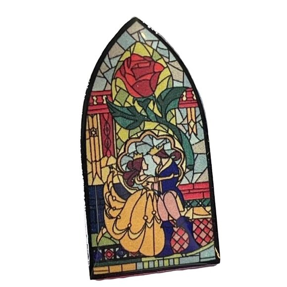 Beauty Beast Lapel Pin Stained Glass Window Rose Belle Princess Badge Brooch Pin - Picture 1 of 7